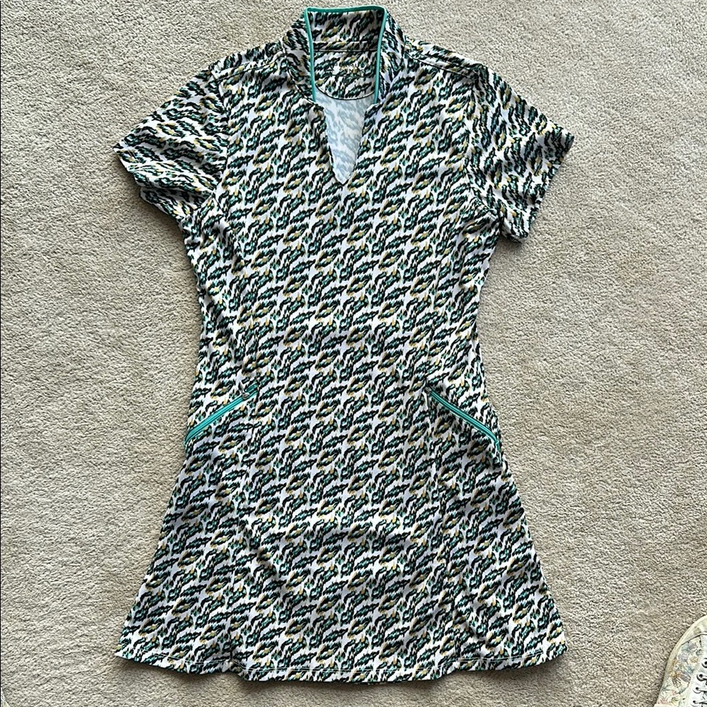 Women's Printed Short Sleeve Polo Dress in Teal and White